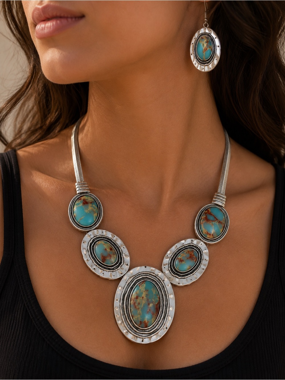 Southwestern Turquoise Statement Necklace Set Boho Western Earrings